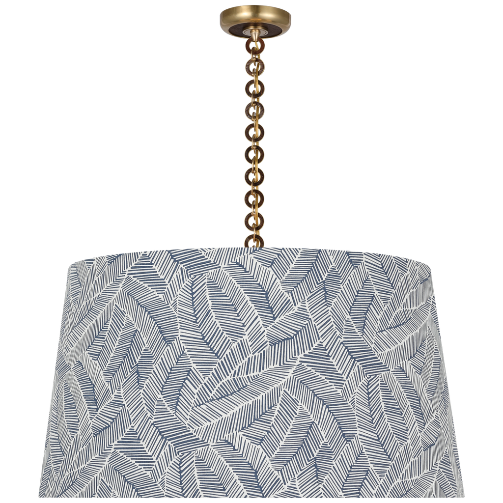 Evelyn 33" Hanging Shade | Hand-Rubbed Antique Brass and Natural Oak | Schumacher Navy Abstract Leaf Shade