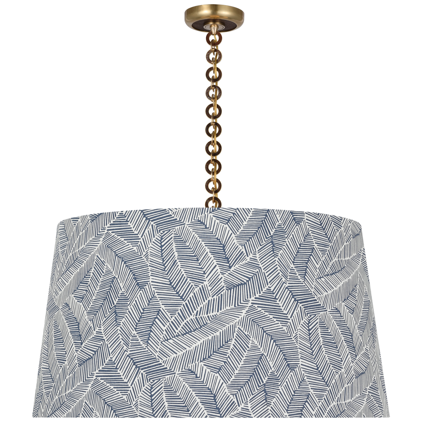 Evelyn 33" Hanging Shade | Hand-Rubbed Antique Brass and Natural Oak | Schumacher Navy Abstract Leaf Shade