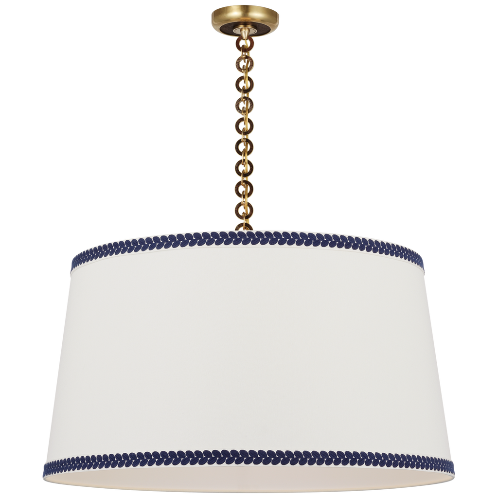 Evelyn 33" Hanging Shade | Hand-Rubbed Antique Brass and Natural Oak | Linen Shade and Schumacher Blue Berkeley Tape