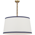 Evelyn 33" Hanging Shade | Hand-Rubbed Antique Brass and Natural Oak | Linen Shade and Schumacher Blue Berkeley Tape