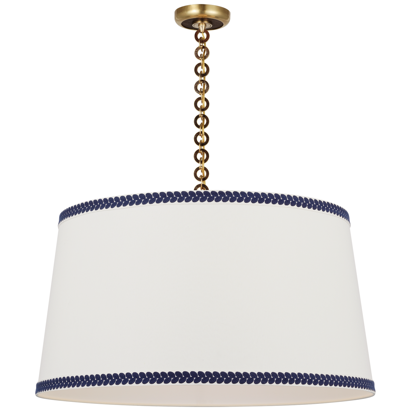 Evelyn 33" Hanging Shade | Hand-Rubbed Antique Brass and Natural Oak | Linen Shade and Schumacher Blue Berkeley Tape
