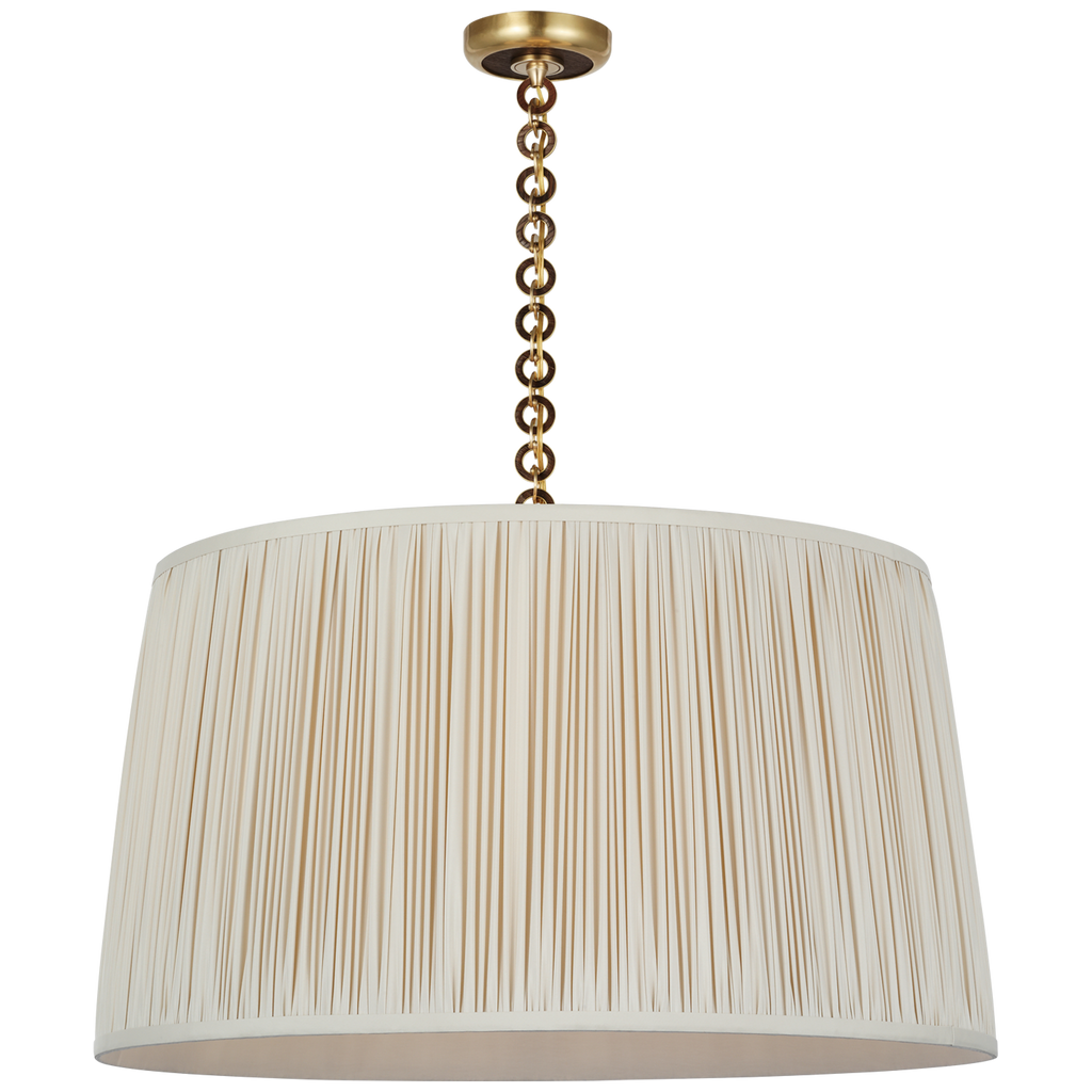 Evelyn 33" Hanging Shade | Hand-Rubbed Antique Brass and Natural Oak | Champagne Silk Pleated Shade