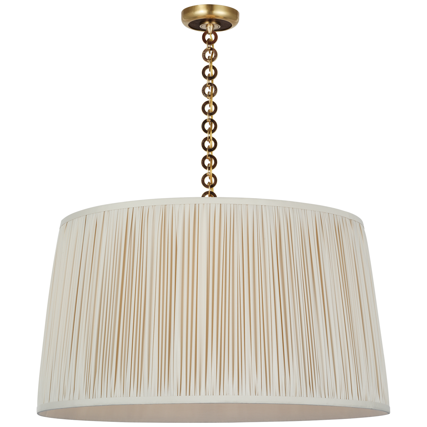 Evelyn 33" Hanging Shade | Hand-Rubbed Antique Brass and Natural Oak | Champagne Silk Pleated Shade