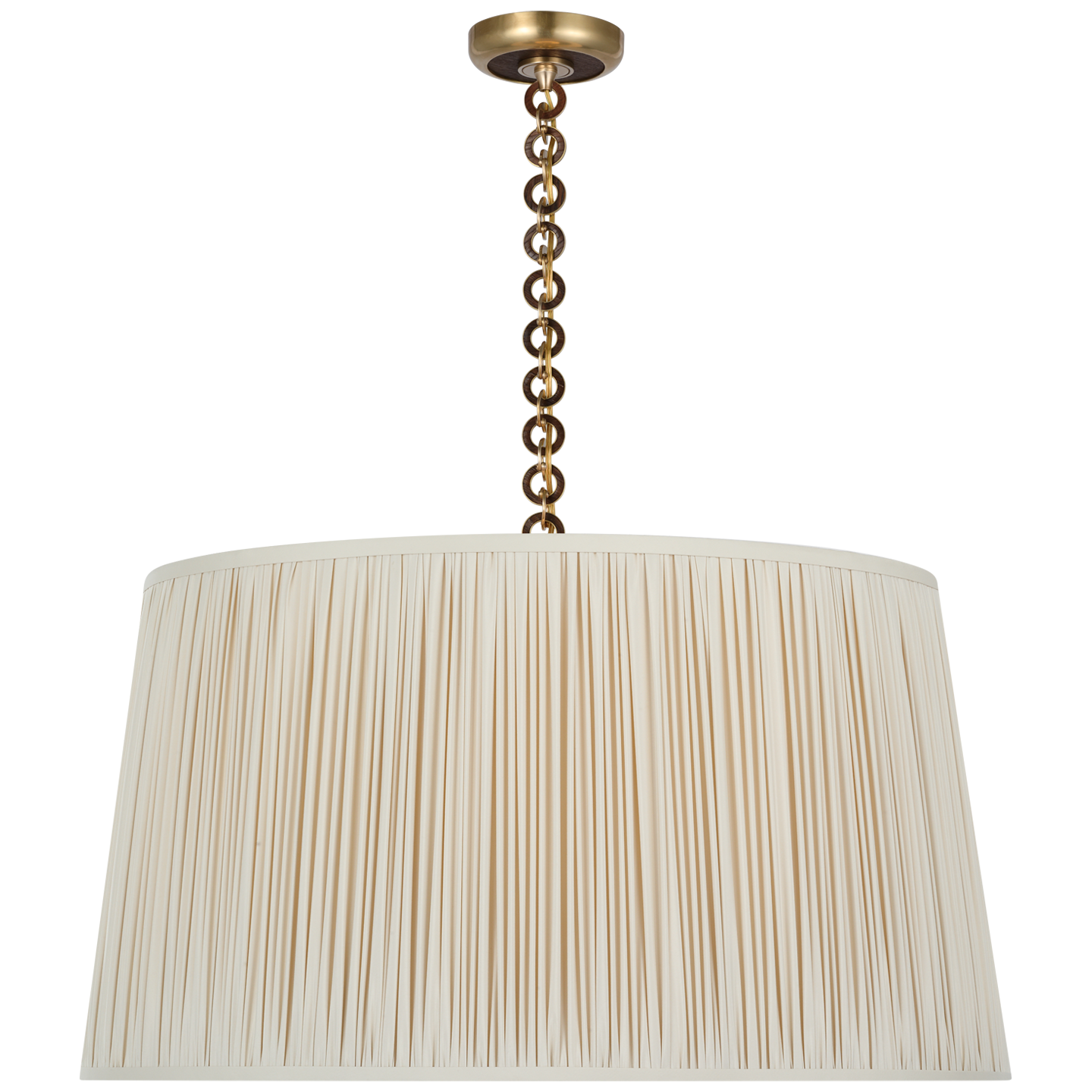 Evelyn 33" Hanging Shade | Hand-Rubbed Antique Brass and Natural Oak | Champagne Silk Pleated Shade