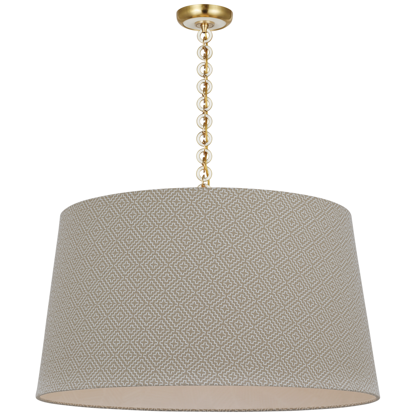Evelyn 33" Hanging Shade | Hand-Rubbed Antique Brass and White Oak | Schumacher Dove Soho Weave Shade