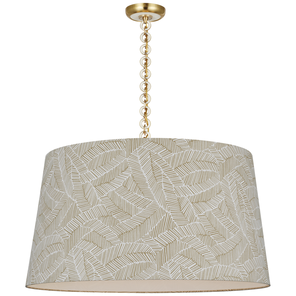 Evelyn 33" Hanging Shade | Hand-Rubbed Antique Brass and White Oak | Schumacher Taupe Abstract Leaf Shade