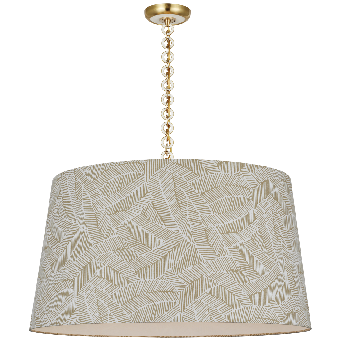 Evelyn 33" Hanging Shade | Hand-Rubbed Antique Brass and White Oak | Schumacher Taupe Abstract Leaf Shade