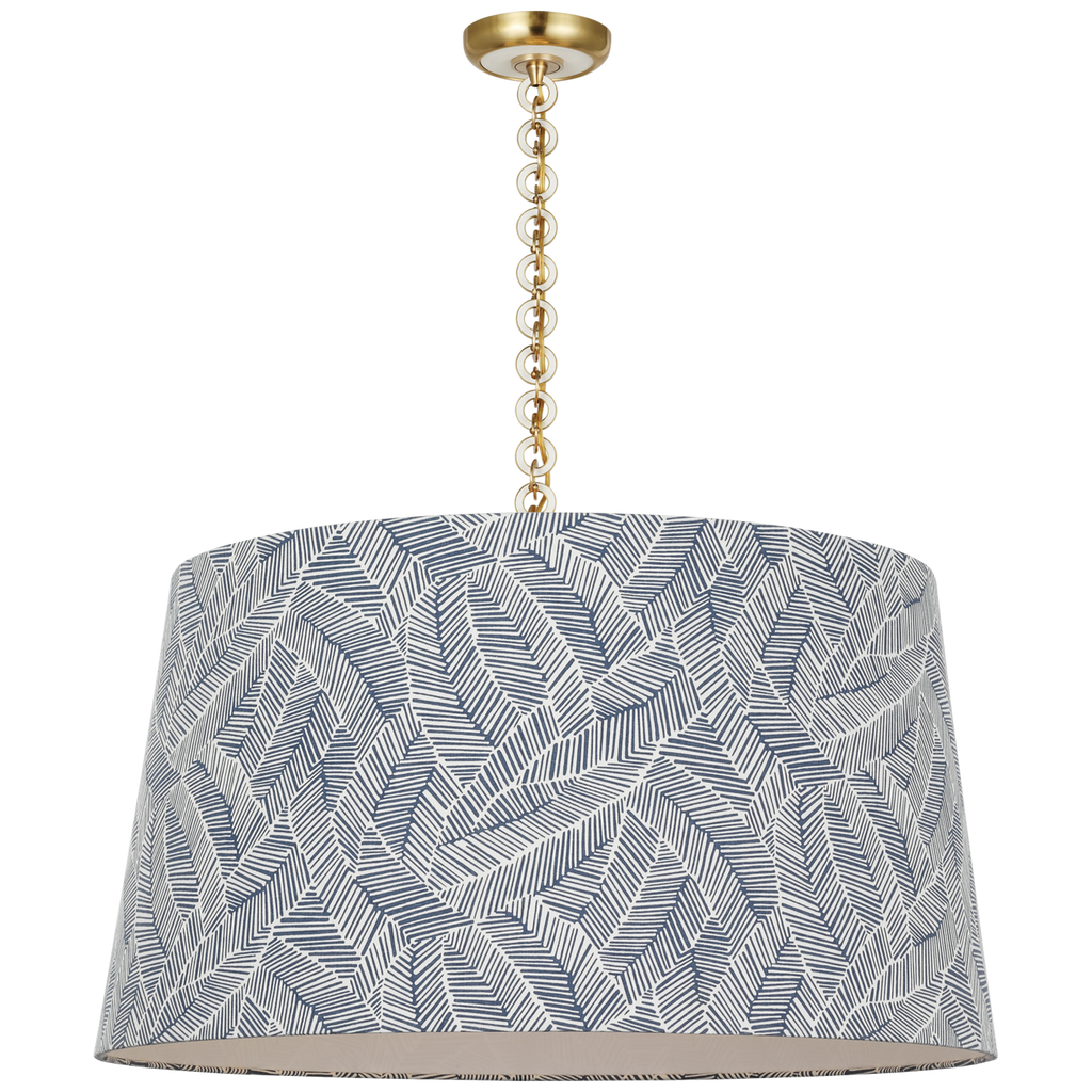 Evelyn 33" Hanging Shade | Hand-Rubbed Antique Brass and White Oak | Schumacher Navy Abstract Leaf Shade