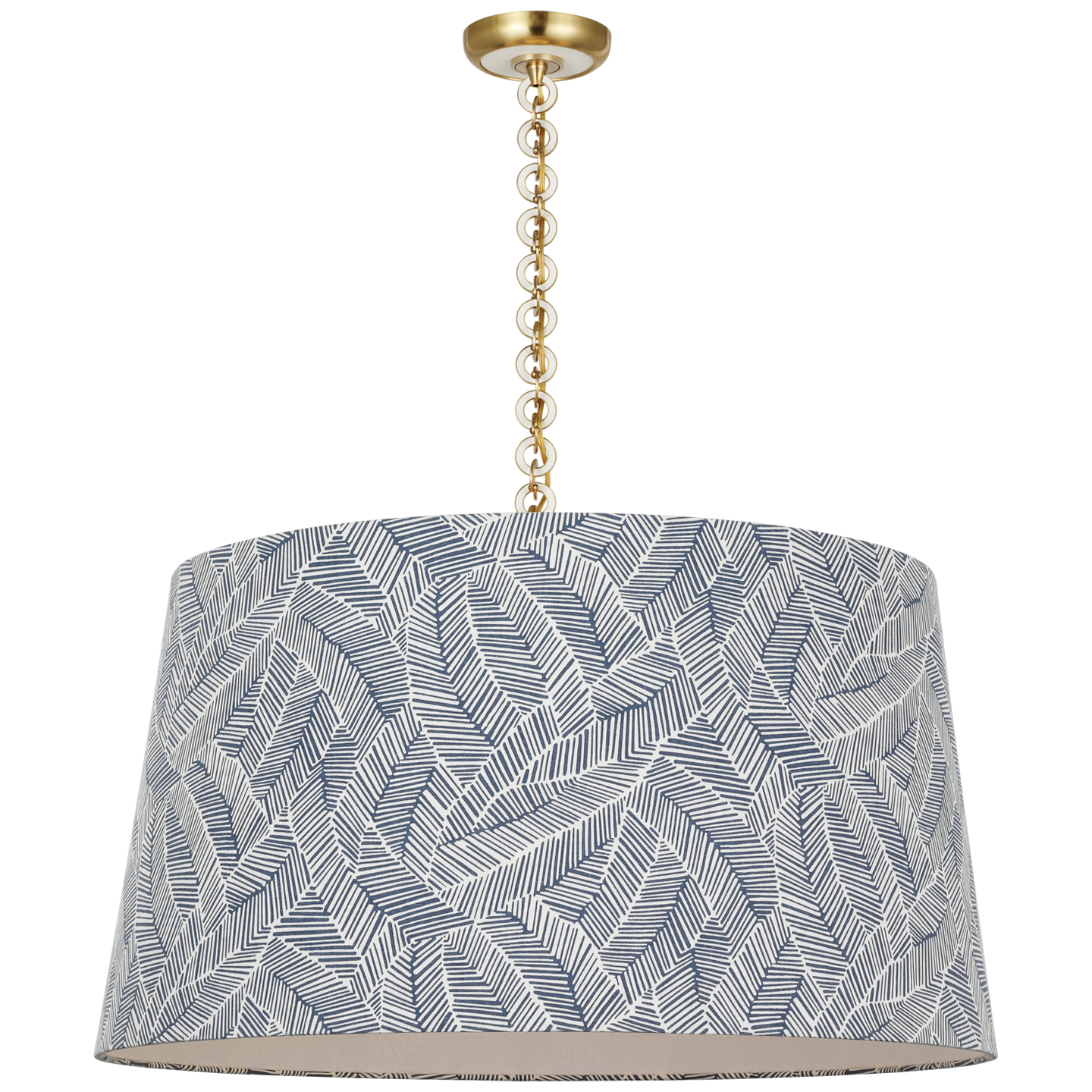 Evelyn 33" Hanging Shade | Hand-Rubbed Antique Brass and White Oak | Schumacher Navy Abstract Leaf Shade