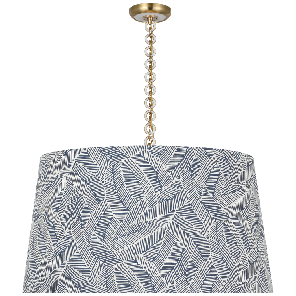 Evelyn 33" Hanging Shade | Hand-Rubbed Antique Brass and White Oak | Schumacher Navy Abstract Leaf Shade