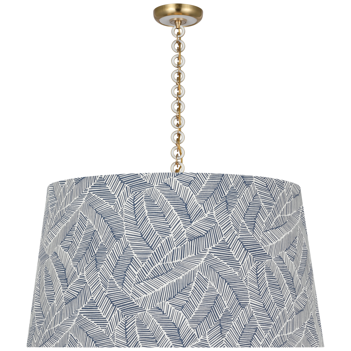 Evelyn 33" Hanging Shade | Hand-Rubbed Antique Brass and White Oak | Schumacher Navy Abstract Leaf Shade