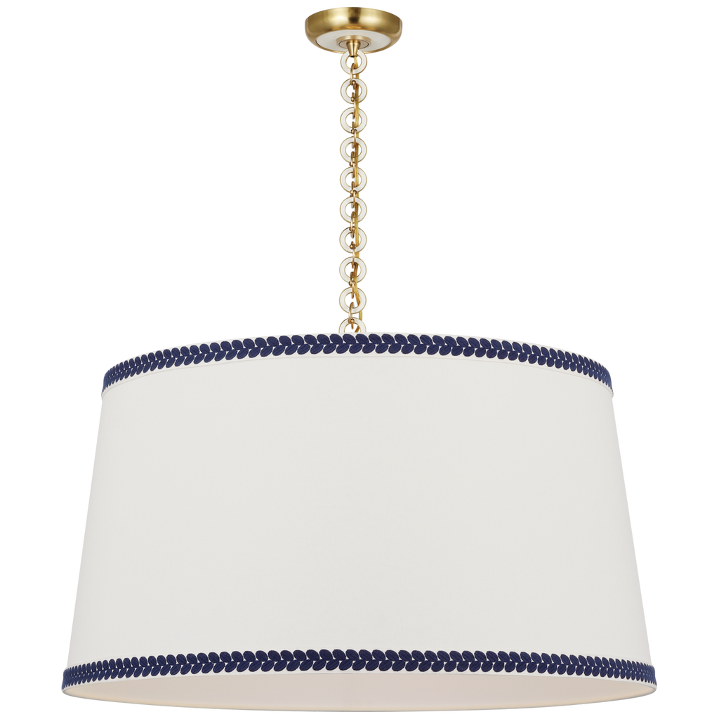 Evelyn 33" Hanging Shade | Hand-Rubbed Antique Brass and White Oak | Linen Shade and Schumacher Blue Berkeley Tape