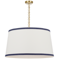 Evelyn 33" Hanging Shade | Hand-Rubbed Antique Brass and White Oak | Linen Shade and Schumacher Blue Berkeley Tape