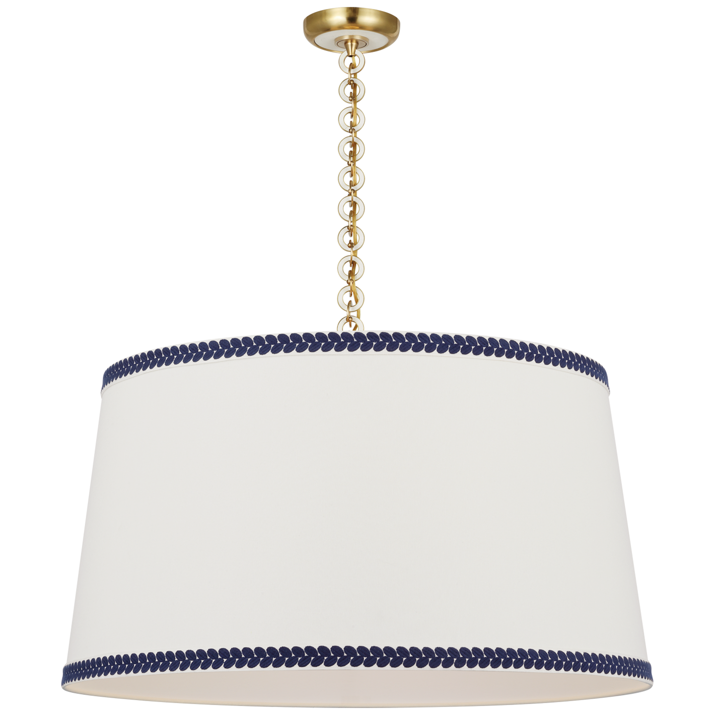 Evelyn 33" Hanging Shade | Hand-Rubbed Antique Brass and White Oak | Linen Shade and Schumacher Blue Berkeley Tape
