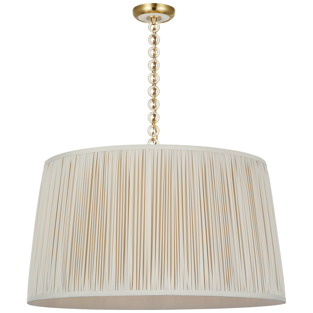 Evelyn 33" Hanging Shade | Hand-Rubbed Antique Brass and White Oak | Champagne Silk Pleated Shade