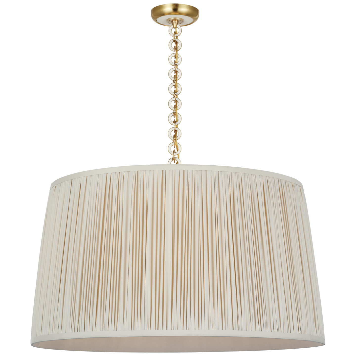 Evelyn 33" Hanging Shade | Hand-Rubbed Antique Brass and White Oak | Champagne Silk Pleated Shade