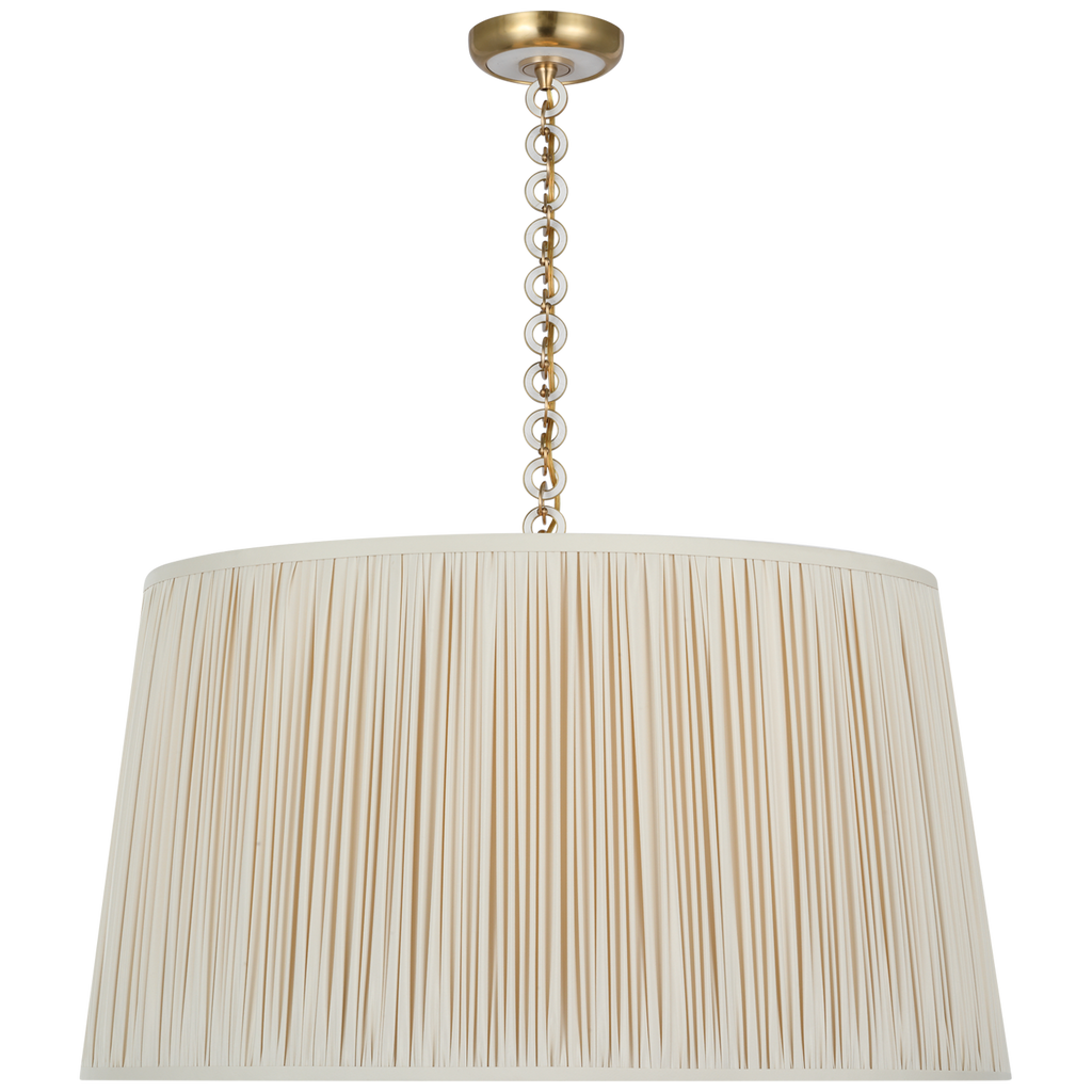 Evelyn 33" Hanging Shade | Hand-Rubbed Antique Brass and White Oak | Champagne Silk Pleated Shade
