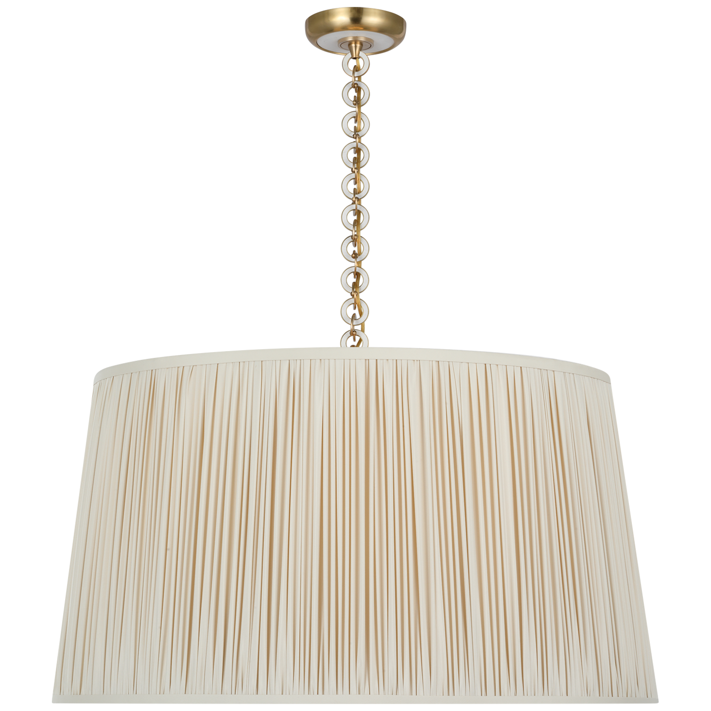 Evelyn 33" Hanging Shade | Hand-Rubbed Antique Brass and White Oak | Champagne Silk Pleated Shade