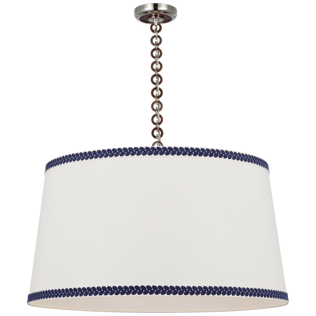 Evelyn 33" Hanging Shade | Polished Nickel and Natural Oak | Linen Shade and Schumacher Blue Berkeley Tape