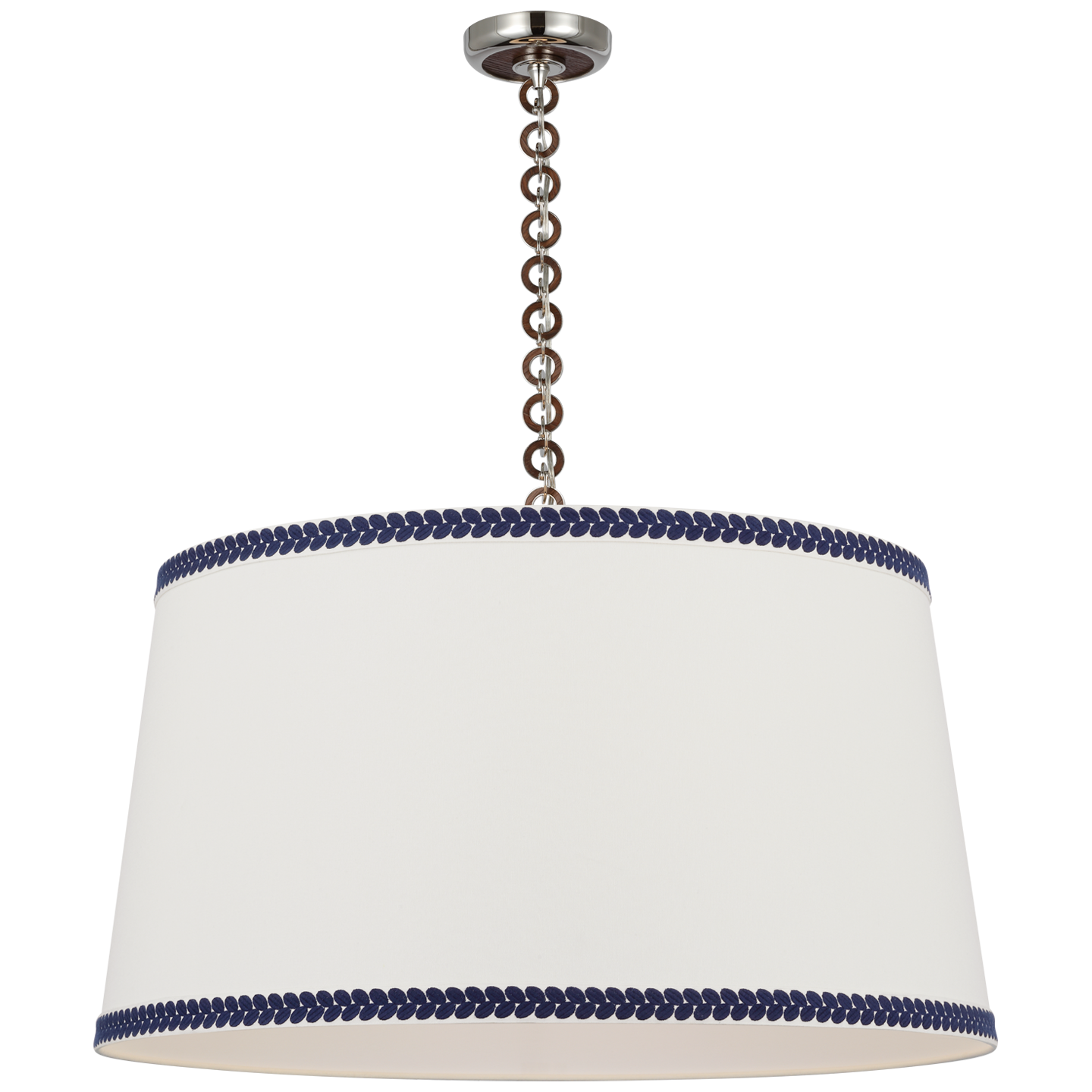 Evelyn 33" Hanging Shade | Polished Nickel and Natural Oak | Linen Shade and Schumacher Blue Berkeley Tape
