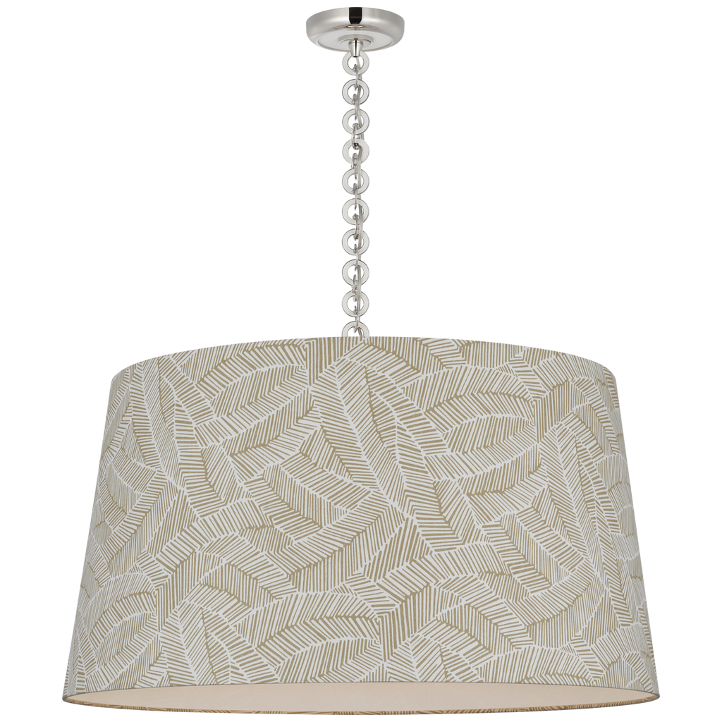 Evelyn 33" Hanging Shade | Polished Nickel and White Oak | Schumacher Taupe Abstract Leaf Shade