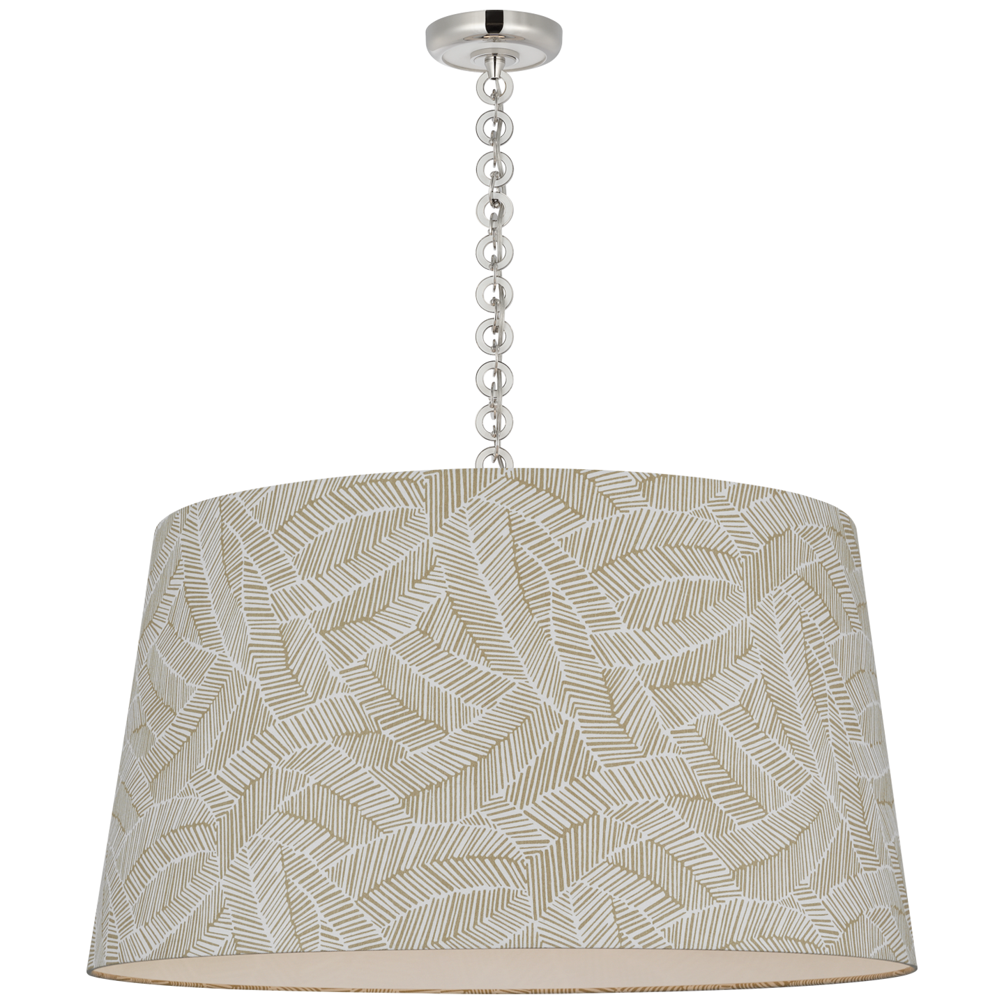 Evelyn 33" Hanging Shade | Polished Nickel and White Oak | Schumacher Taupe Abstract Leaf Shade