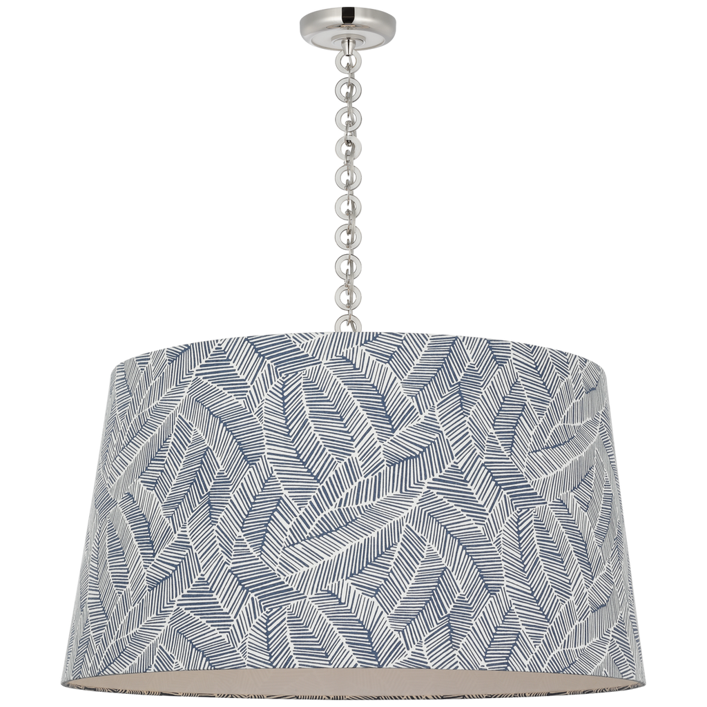 Evelyn 33" Hanging Shade | Polished Nickel and White Oak | Schumacher Navy Abstract Leaf Shade
