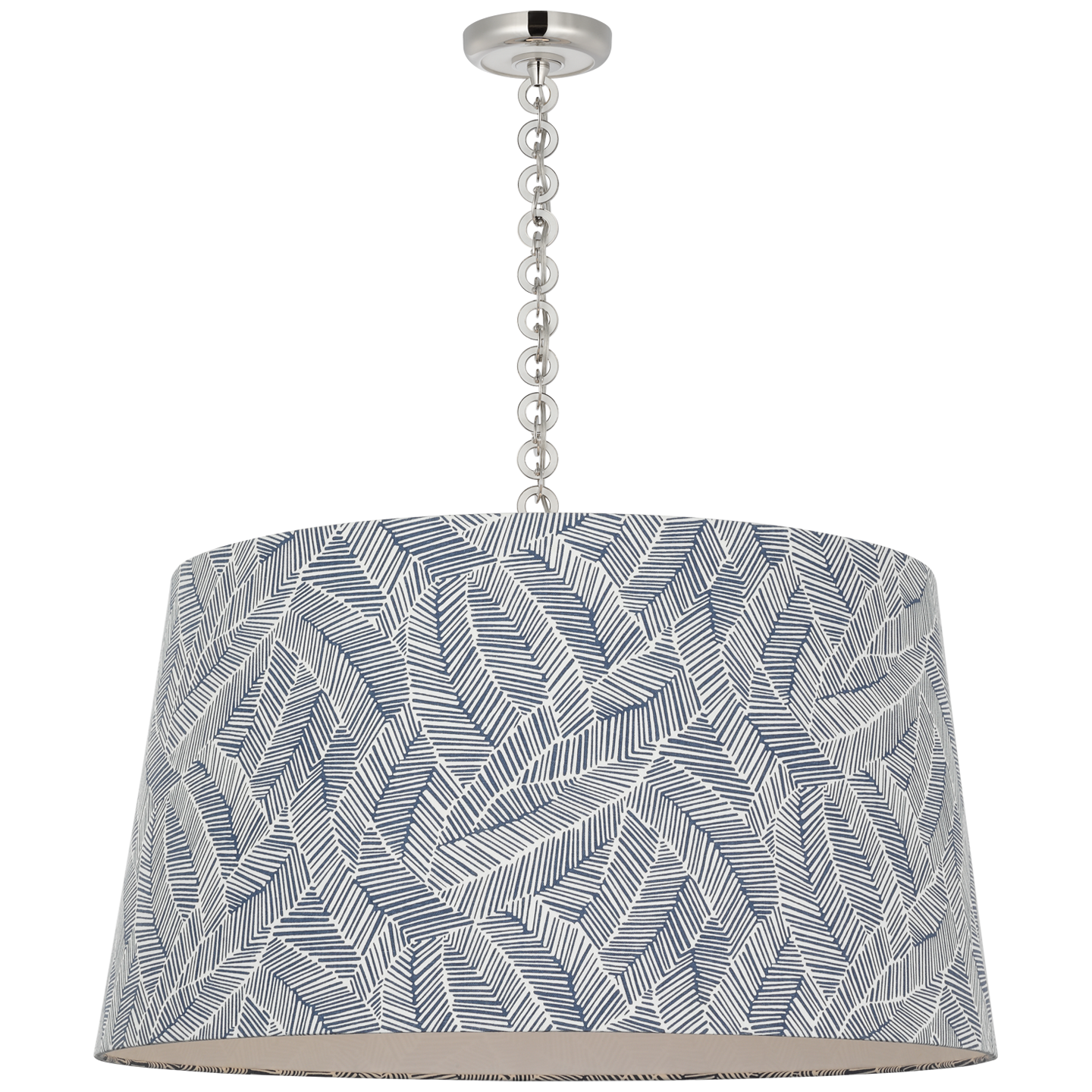 Evelyn 33" Hanging Shade | Polished Nickel and White Oak | Schumacher Navy Abstract Leaf Shade