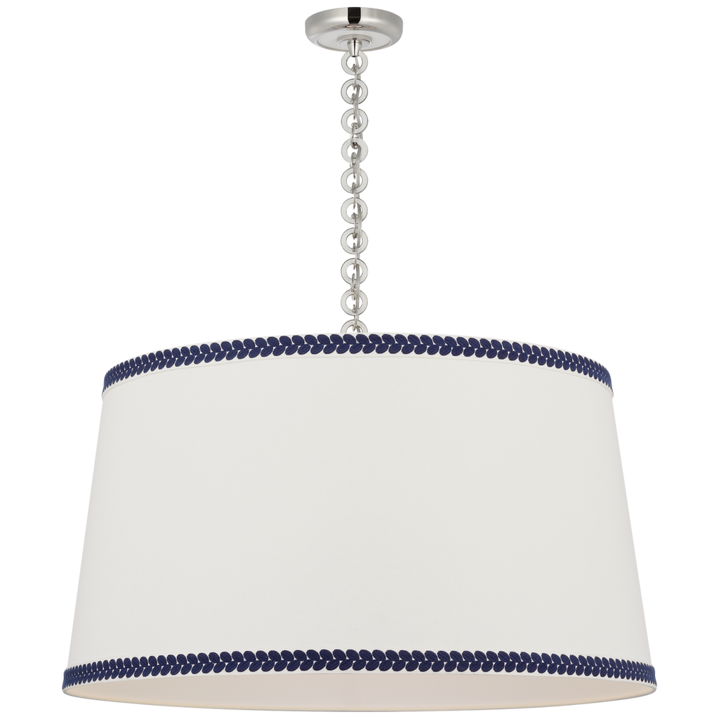 Evelyn 33" Hanging Shade | Polished Nickel and White Oak | Linen Shade and Schumacher Blue Berkeley Tape