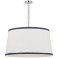 Evelyn 33" Hanging Shade | Polished Nickel and White Oak | Linen Shade and Schumacher Blue Berkeley Tape