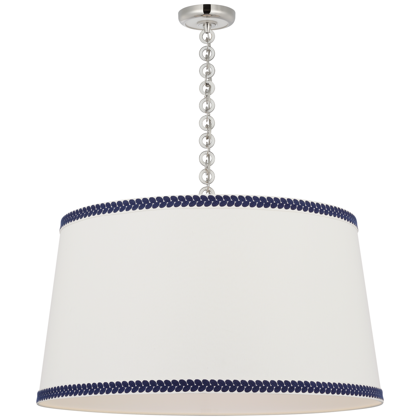 Evelyn 33" Hanging Shade | Polished Nickel and White Oak | Linen Shade and Schumacher Blue Berkeley Tape