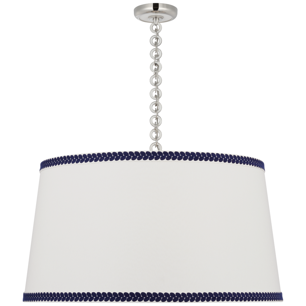 Evelyn 33" Hanging Shade | Polished Nickel and White Oak | Linen Shade and Schumacher Blue Berkeley Tape