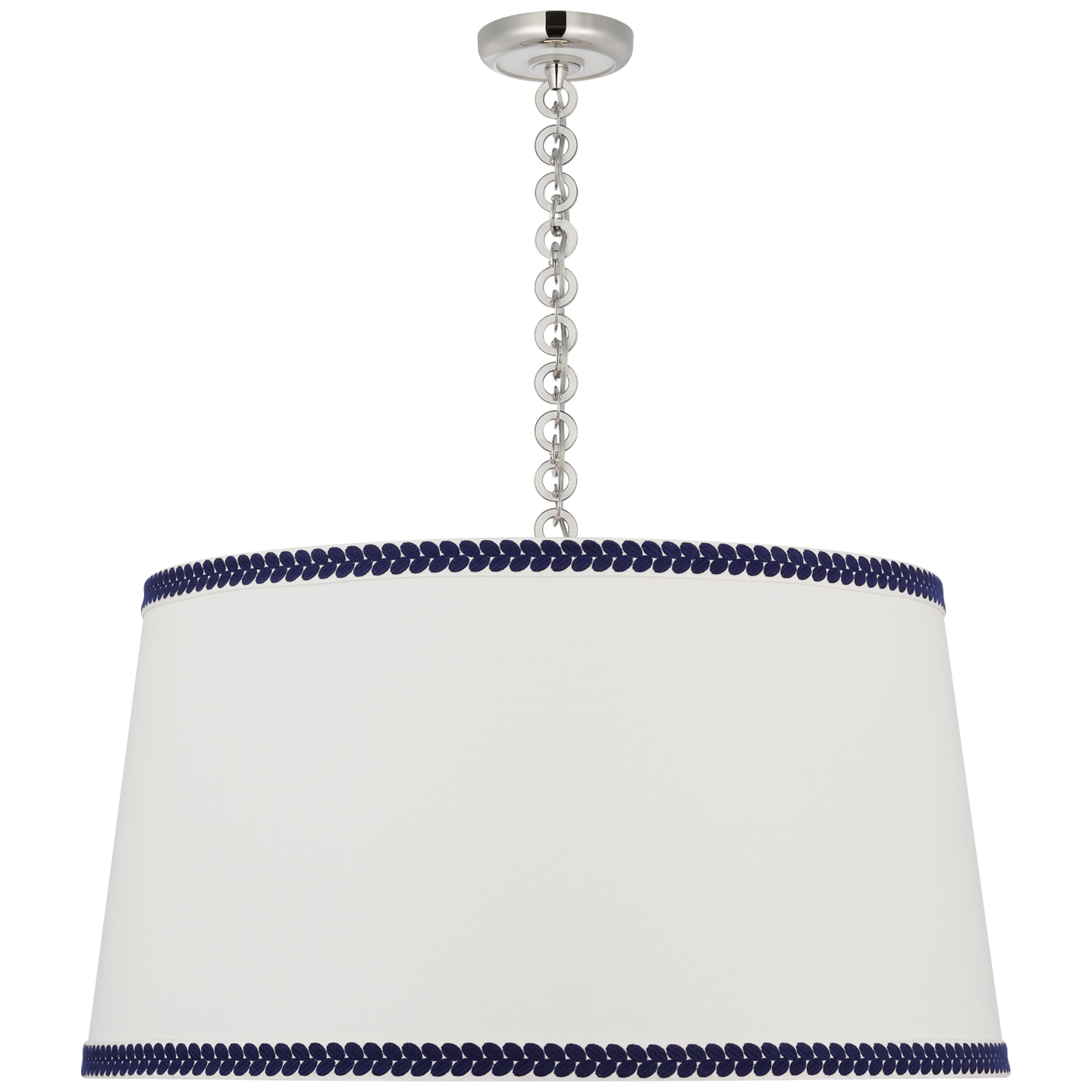 Evelyn 33" Hanging Shade | Polished Nickel and White Oak | Linen Shade and Schumacher Blue Berkeley Tape