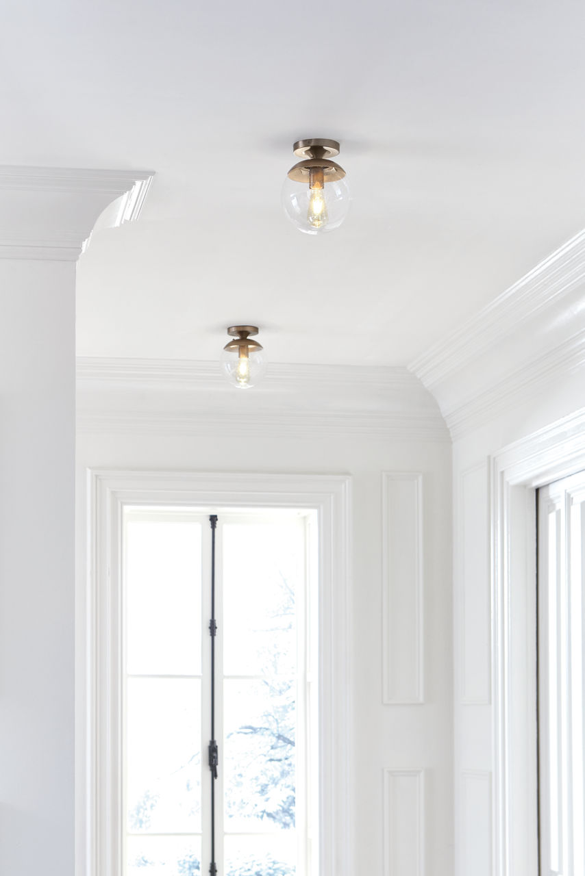 Leo Hanging Globe Flush Mount | Satin Brass | Clear Seeded Glass Bulb(s) Not Included