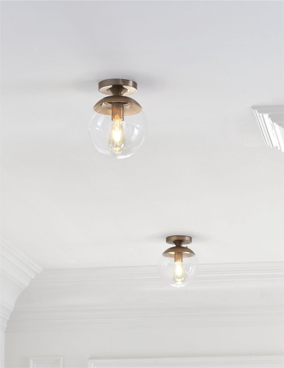 Leo Hanging Globe Flush Mount | Satin Brass | Clear Seeded Glass Bulb(s) Included