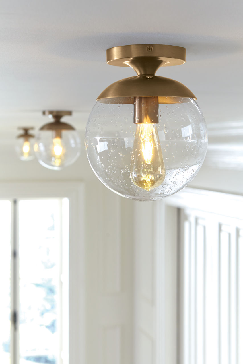 Leo Hanging Globe Flush Mount | Satin Brass | Clear Seeded Glass Bulb(s) Included