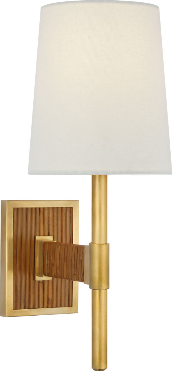 Elle Small Single Sconce | Hand-Rubbed Antique Brass and Dark Rattan | Linen Shade