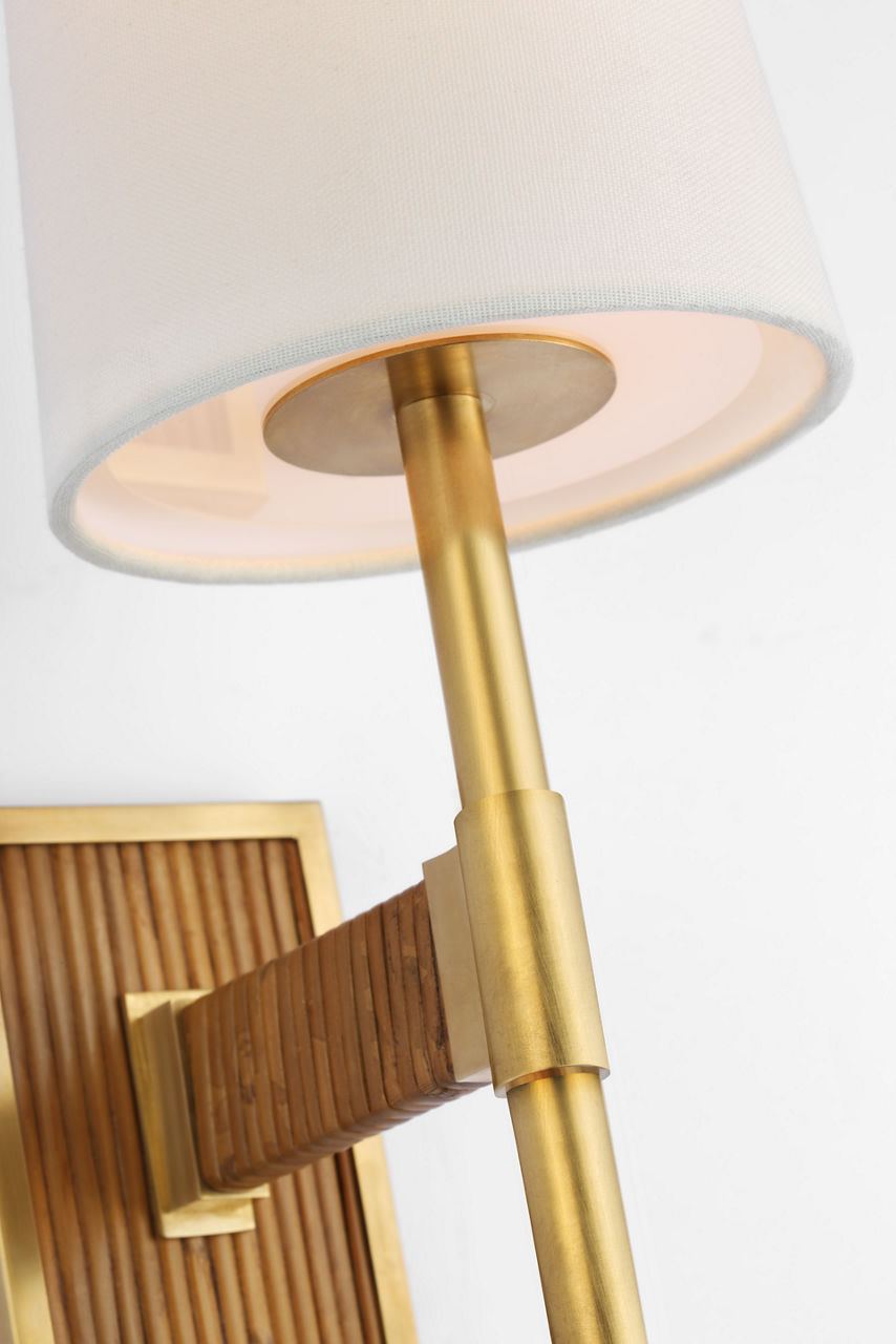Elle Small Single Sconce | Hand-Rubbed Antique Brass and Dark Rattan | Linen Shade