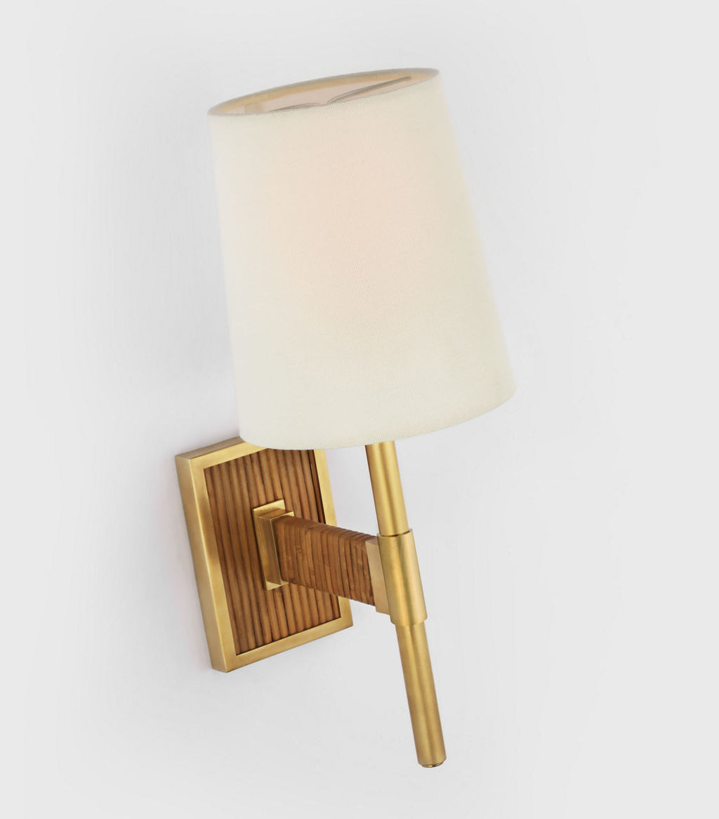 Elle Small Single Sconce | Hand-Rubbed Antique Brass and Dark Rattan | Linen Shade