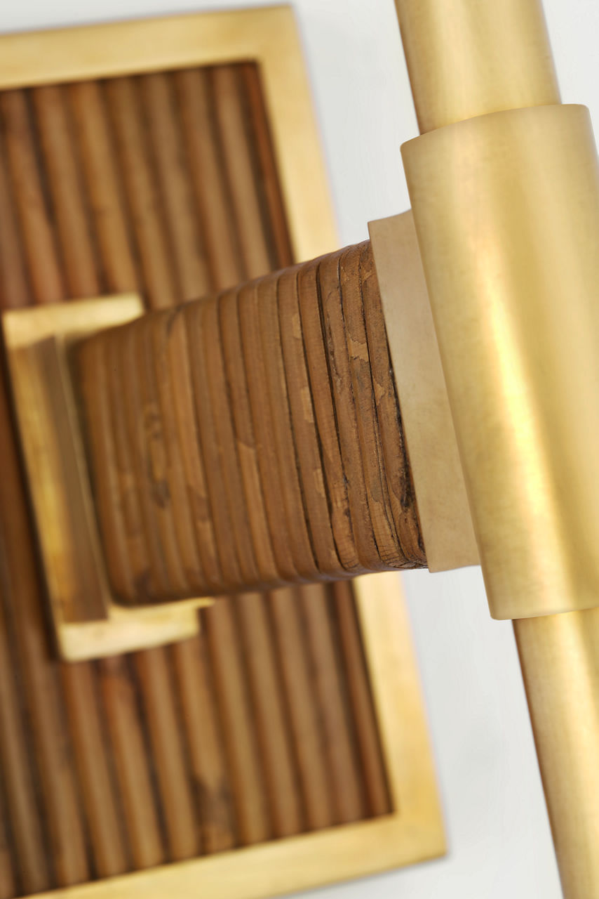 Elle Small Single Sconce | Hand-Rubbed Antique Brass and Dark Rattan | Linen Shade