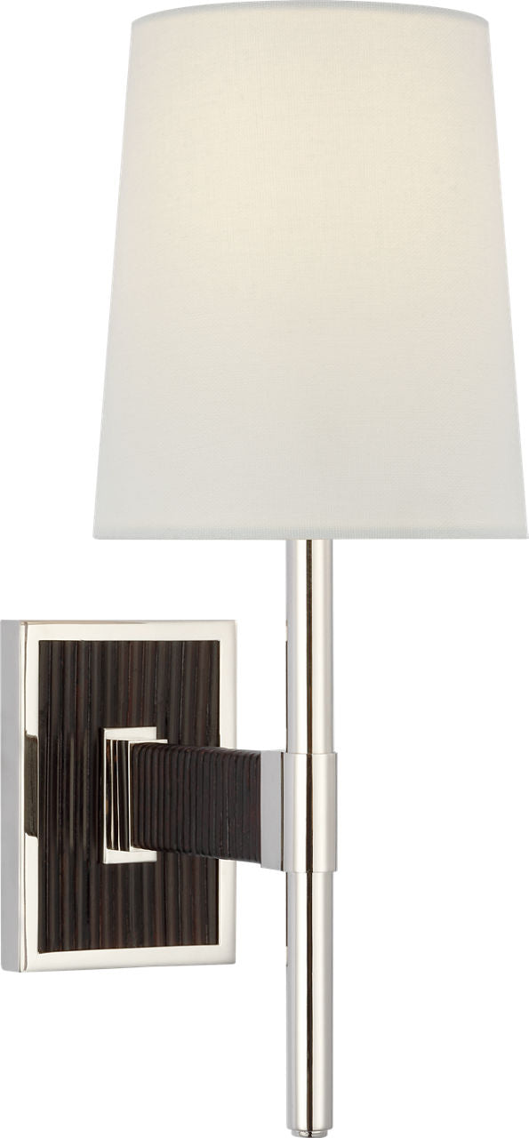 Elle Small Single Sconce | Polished Nickel and Black Rattan | Linen Shade
