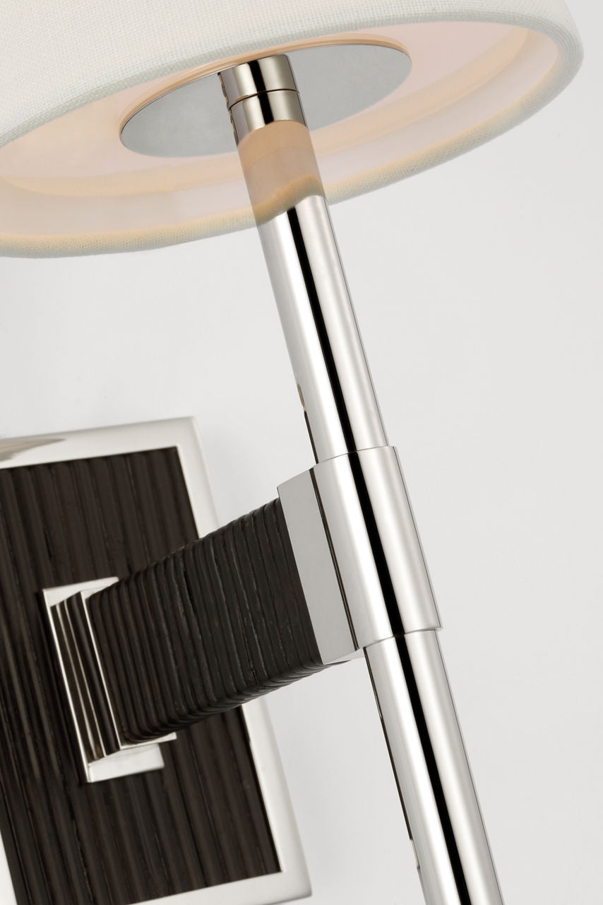Elle Small Single Sconce | Polished Nickel and Black Rattan | Linen Shade