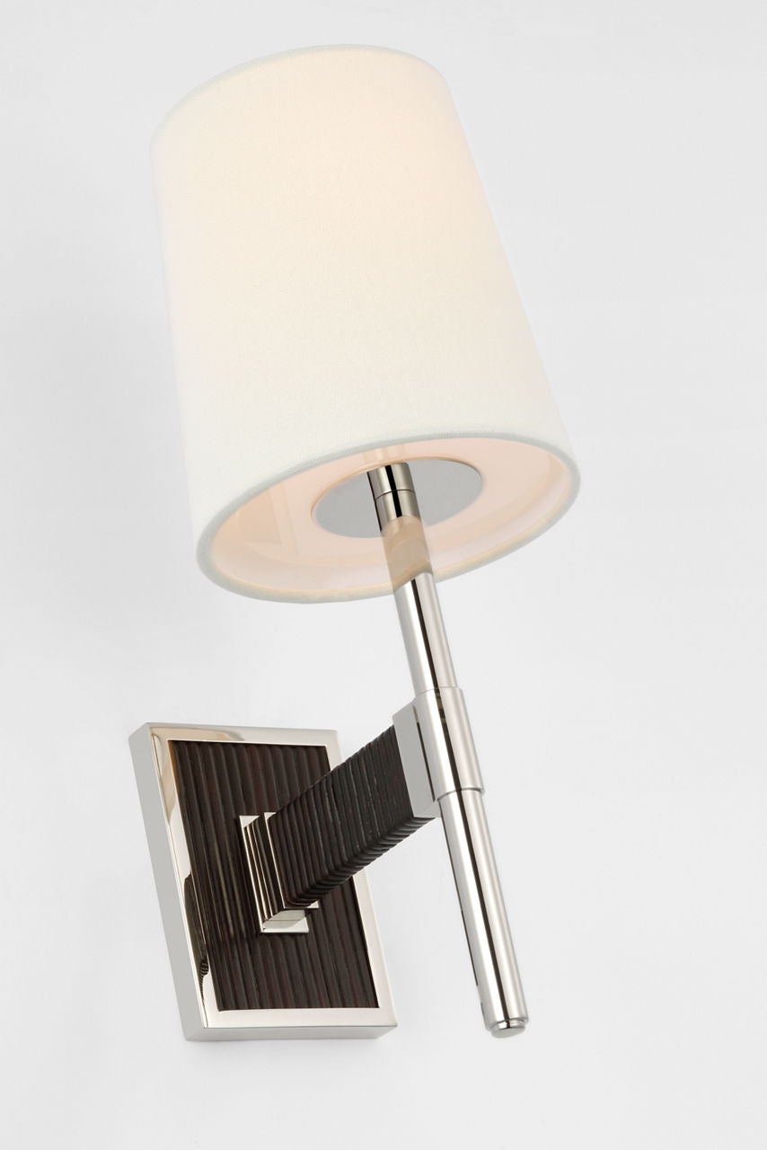 Elle Small Single Sconce | Polished Nickel and Black Rattan | Linen Shade
