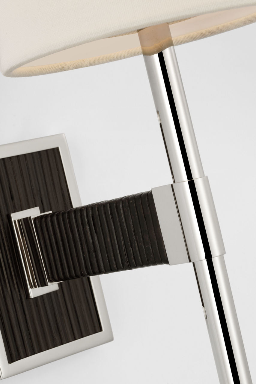 Elle Small Single Sconce | Polished Nickel and Black Rattan | Linen Shade