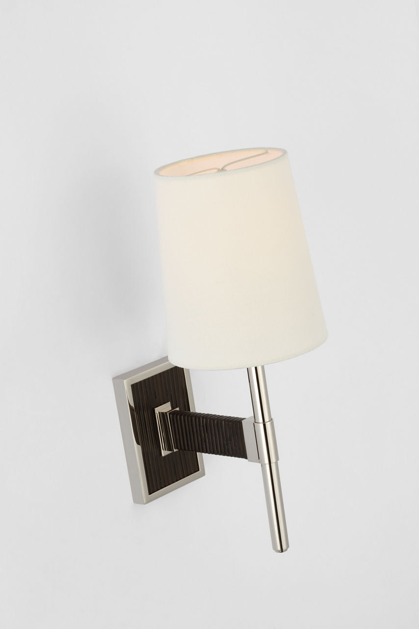 Elle Small Single Sconce | Polished Nickel and Black Rattan | Linen Shade