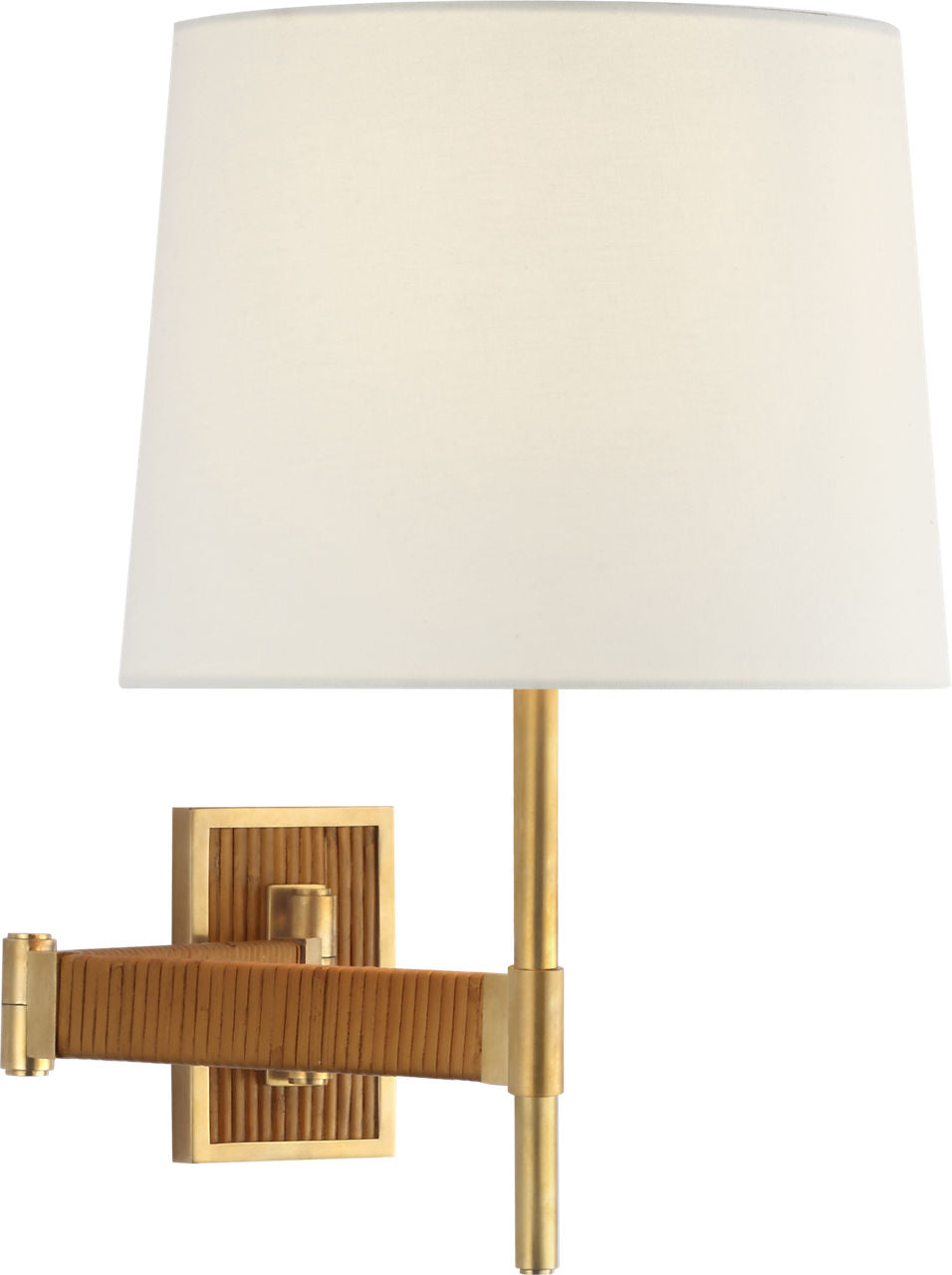 Elle Swing Arm Sconce | Hand-Rubbed Antique Brass and Dark Rattan | Linen Shade