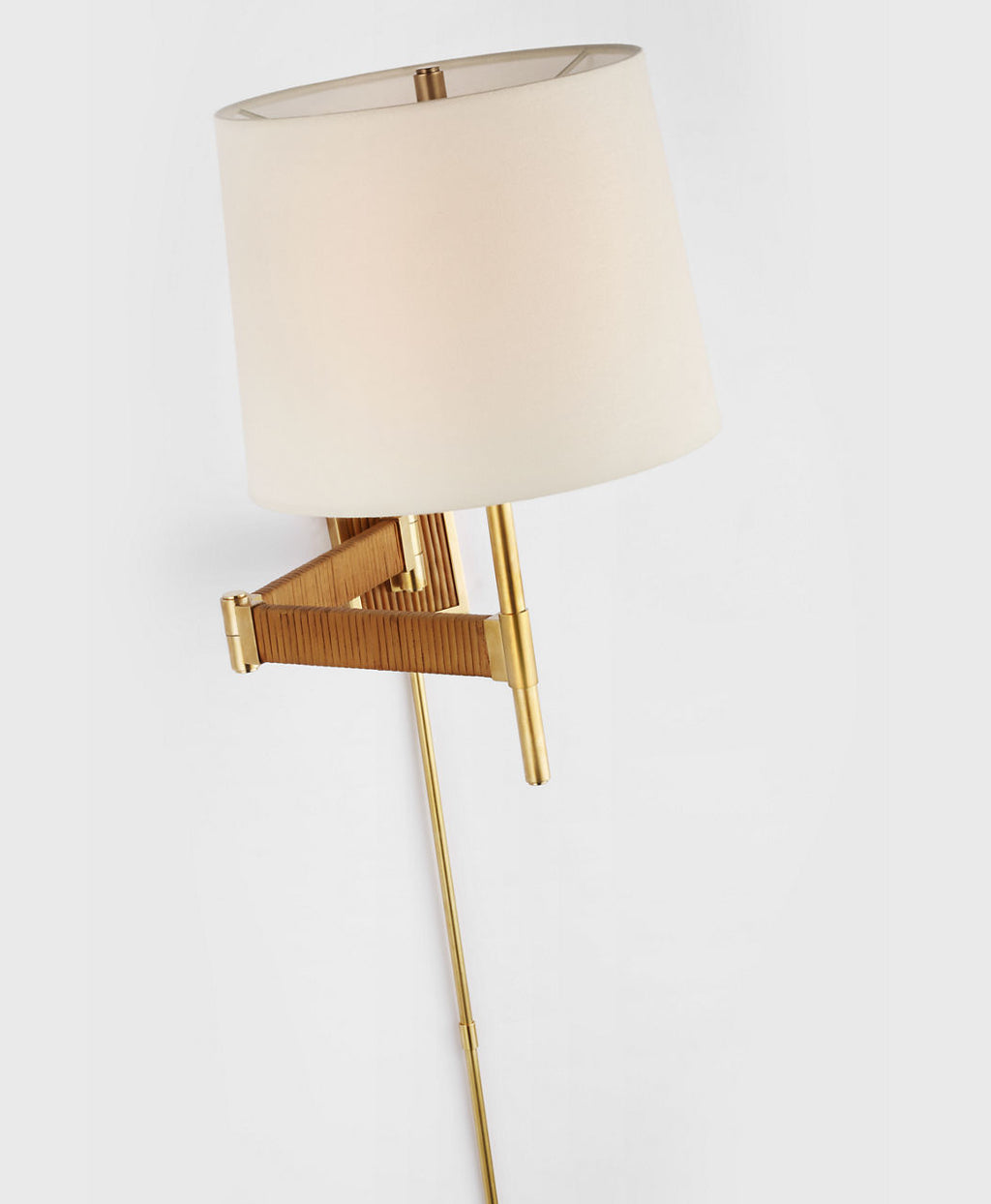 Elle Swing Arm Sconce | Hand-Rubbed Antique Brass and Dark Rattan | Linen Shade