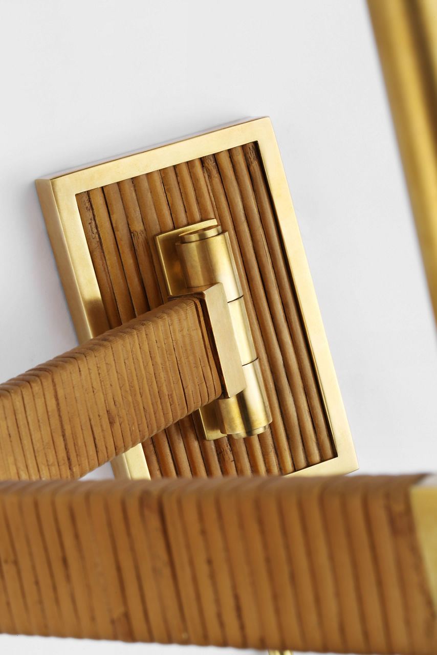 Elle Swing Arm Sconce | Hand-Rubbed Antique Brass and Dark Rattan | Linen Shade