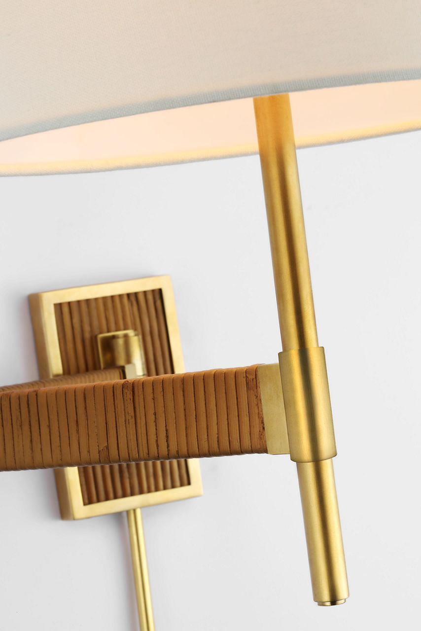 Elle Swing Arm Sconce | Hand-Rubbed Antique Brass and Dark Rattan | Linen Shade