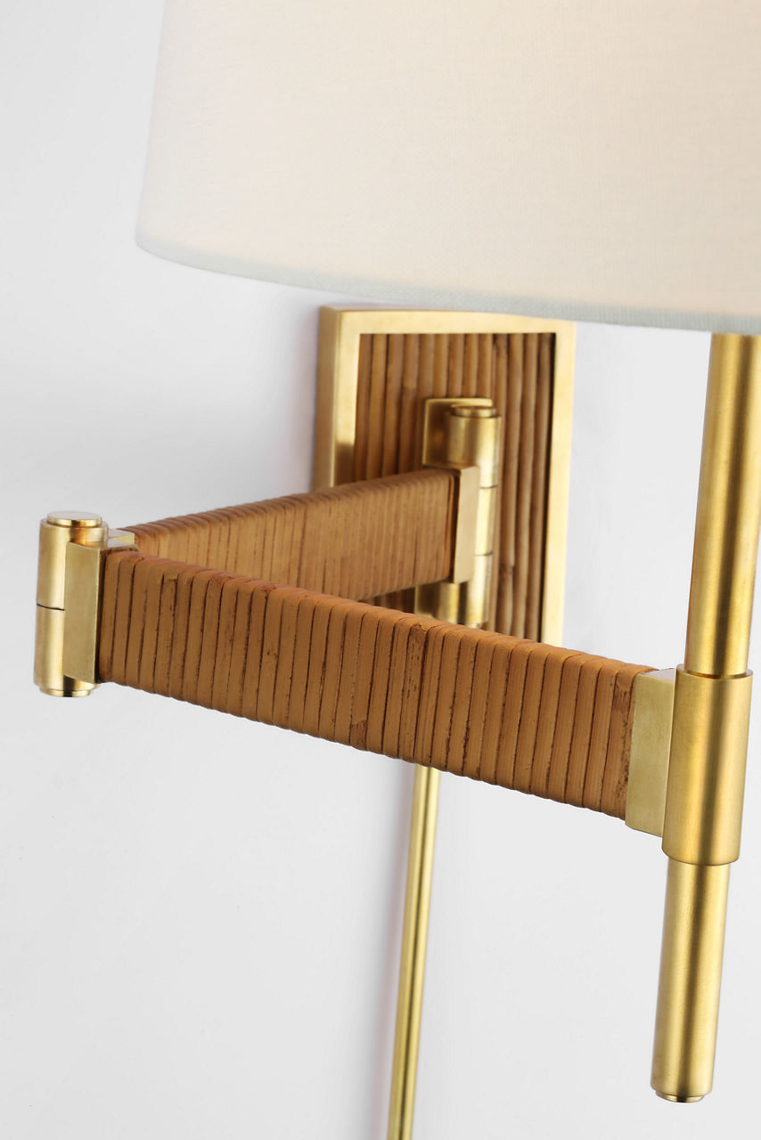 Elle Swing Arm Sconce | Hand-Rubbed Antique Brass and Dark Rattan | Linen Shade